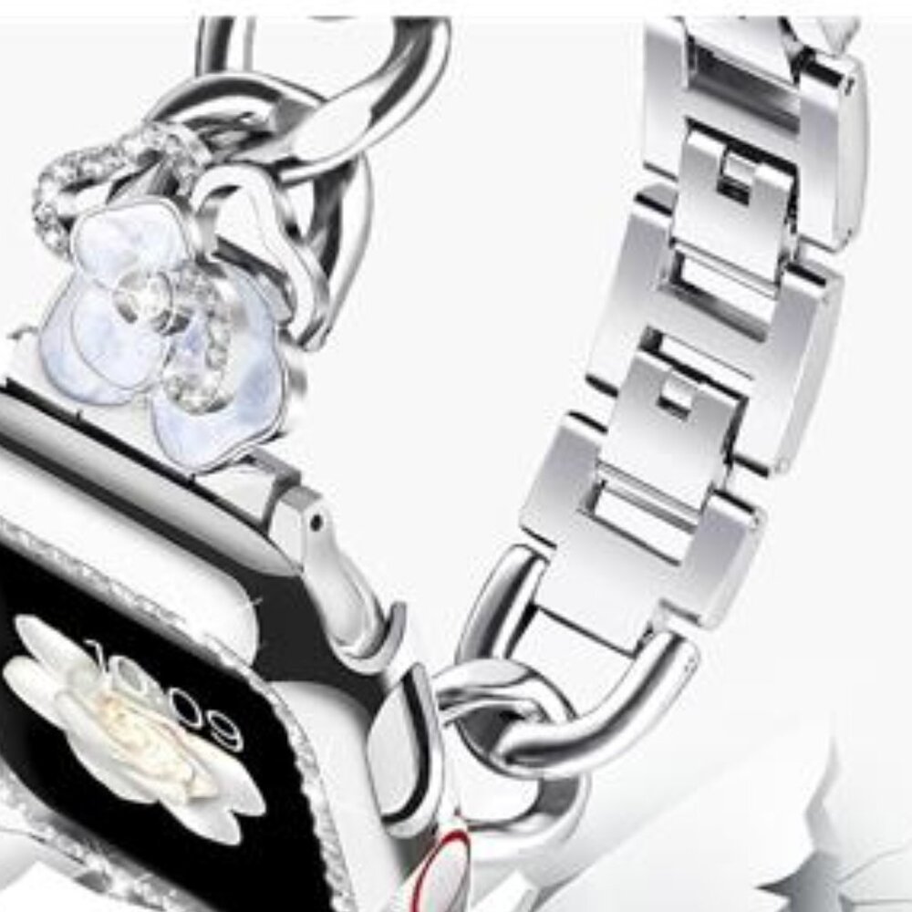 NEW Silver Floral Apple Watch band with Case - Picture 2 of 6